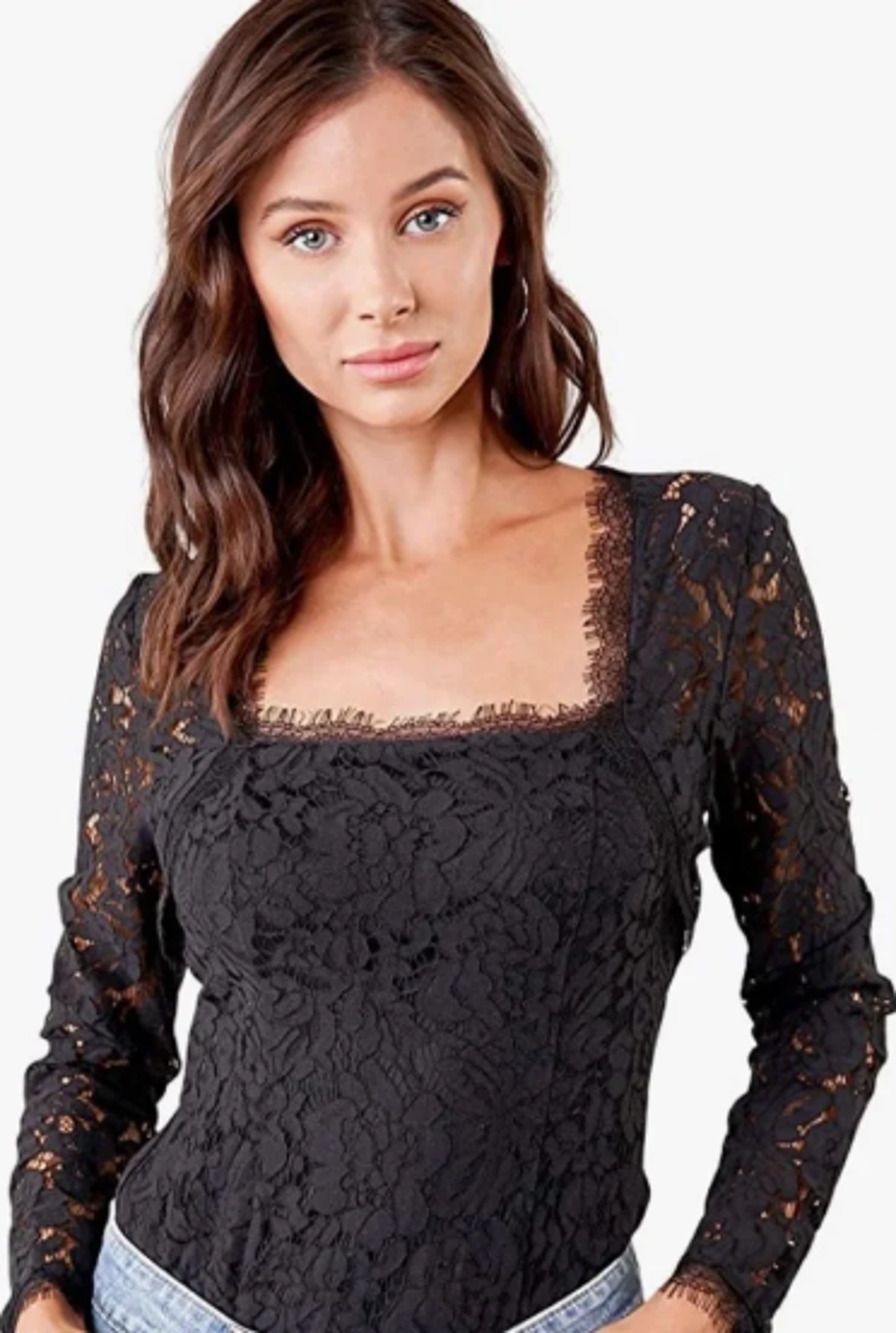 Sugar Lips Women’s Black Long Sleeve Lace Bodysuit Small 4-8